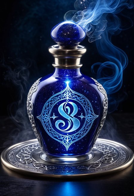Score_9, Score_8, high_def, highest quality, 8k, best quality, masterpiece, focused, defined, Photorealistic magic potion, ornate glass bottle, elixir, deep sapphire blue and shimmering silver hues, swirling with ethereal mist and glowing runes, wax seal embossed with ancient symbols, intricate swirling patterns, potion glow, luminous liquid, dynamic reflections, intense magical shimmer, highly detailed, fantasy essence, bubbling liquid, radiant glow, adorned with intricate metallic filigree, floating particles of stardust, arcane energy crackling around the bottle, surrounded by a faint aura of icy light, mystical fog curling at its base, glowing motes of light drifting upward, as if the potion itself is alive with raw, untamed power