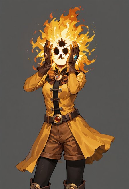 score_9, score_8_up, score_7_up, solo,
lord_of_frenzy, fire head,
novakin, faceless, no eyes, no mouth, no nose, no facial features, short fiery yellow orange hair, body made of black plasma,
open hands, hands on face front,
hands on own head, 
magical girl outfit, (steampunk dress:1.1), boots, (brown shorts:1.1), black tights, medium breasts, belt, gloves, 
(headache:1.1), (mad:1.1), (lean back:1.1), dynamic pose, head up, head tilt, 
simple background, grey background,
in yoshidanatsumi artstyle