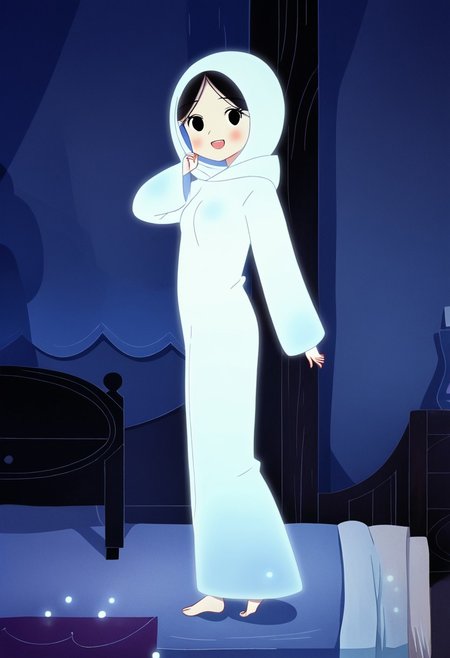 zPDXL3, source_cartoon, Perfect Hands, full body,
1girl, solo, aged down, bedroom, looking at viewer, saoirse, black hair, black eyes, blush, ghost, hood up, robe, barefoot, glowing, dancing on bed, from side, facing at viewer, feeling cold, eyes open, smile, open mouth, sleeve past wrist, slim body, long body, highlight cloth wrinkle, anime style, left leg in the air,
<lora:Perfect Hands:1>  <lora:Saoirse_-_The_Song_of_the_Sea-000009:1>