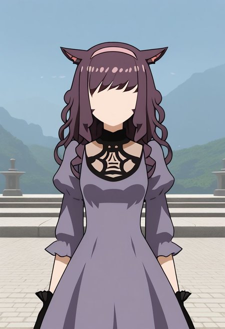 MinimalStyle, simple, faceless female, beautiful, extremely detailed, vector, headshot,  no2 type b dress, source_anime, newest, 1girl, solo, dress, thighhighs, outdoors, cat ears, miqo'te, purple hair, curly hair, long hair, hairband,  puffy sleeves, purple dress, standing, portrait,  gloves, BREAK PonyXLV6_Scores