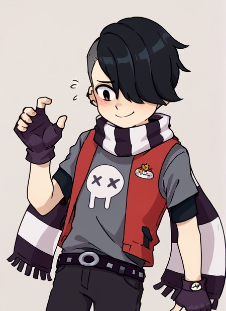 score_9, score_8_up, score_7_up,   <lora:bsedgar:1> ear bsedgar    , 1boy , short hair , black hair, hair over one eye,piercing, solo,striped scarf  ,red vest , grey shirt,  short sleeves, belt , black pants ,black gloves,   fingerless gloves, blush,  nervous smile,  <lora:Yagi_the_Goat_Style:1>by s1120411