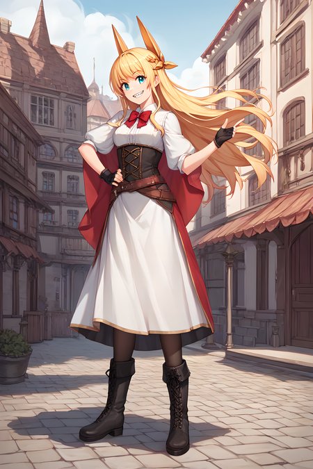 score_9, score_8_up, score_7_up, score_6_up, source_anime, tachibana_hinata, 1girl, blonde hair, solo, long hair, gloves, smile, blue eyes, fingerless gloves, boots, pantyhose, dress, black pantyhose, full body, hand on hip, red bow, black gloves , medieval city background, grin, sharp teeth <lora:Pony-XL-TachibanaHinata:1>
