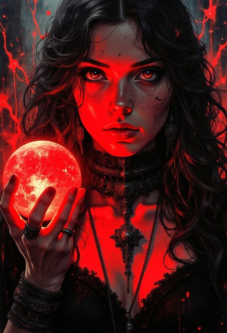 A dark and seductive portrait of a mysterious woman illuminated by an ominous red glow. She has long, voluminous, wavy hair cascading around her face, framing her intense gaze. Her eyes glimmer with a fiery red hue, reflecting an otherworldly power and drawing attention to her enigmatic expression, which is both alluring and dangerous. Her smooth skin contrasts with the dramatic lighting, with shadows emphasizing her sharp features. She holds a glowing, textured red orb in her hand, its vivid light casting warm, eerie highlights on her face and fingers, enhancing the atmosphere of intrigue. She wears a gothic-inspired black choker adorned with intricate lace-like details and metallic embellishments. Chains drape across her neck and chest, connecting to an ornate, dark metallic pendant with a vintage and otherworldly design, adding an air of regality and mystery. The background is obscured in deep shadows, with subtle hints of red light diffusing into the darkness, creating a moody, cinematic effect. The lighting is dramatic and focused, emphasizing her face, the orb, and the metallic details of her accessories. The overall atmosphere is dark, mystical, and sensual, blending gothic aesthetics with a supernatural, cinematic quality. Art style: hyper-realistic, with an emphasis on fine textures, intricate details, and a vivid contrast between light and shadow to create a dramatic and captivating composition.