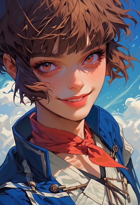 score_9, score_8_up, score_7_up, y0tt4, 1girl, solo,  
  isabeausmtiv, brown hair, short hair, blunt bangs, neckerchief, blue cape, white dress, light smile