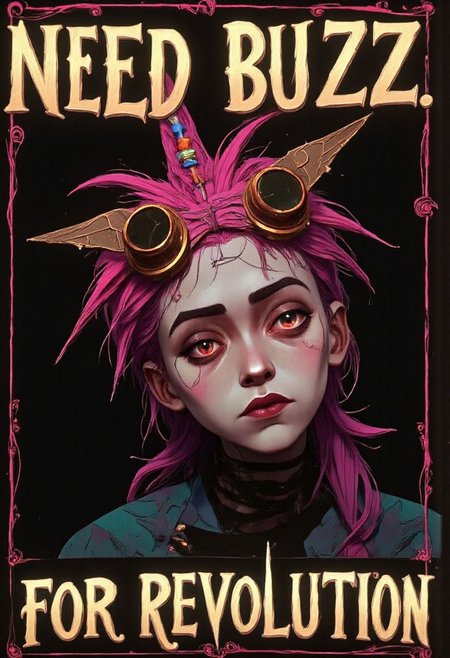 A byzantine style anarchist propaganda poster saying "need buzz" at the top and "for revolution" at the lower part of the image. The poster shows a pale jinx person with geometrical face paint and special neon hair.  bo-abyss w3p0rtra1t