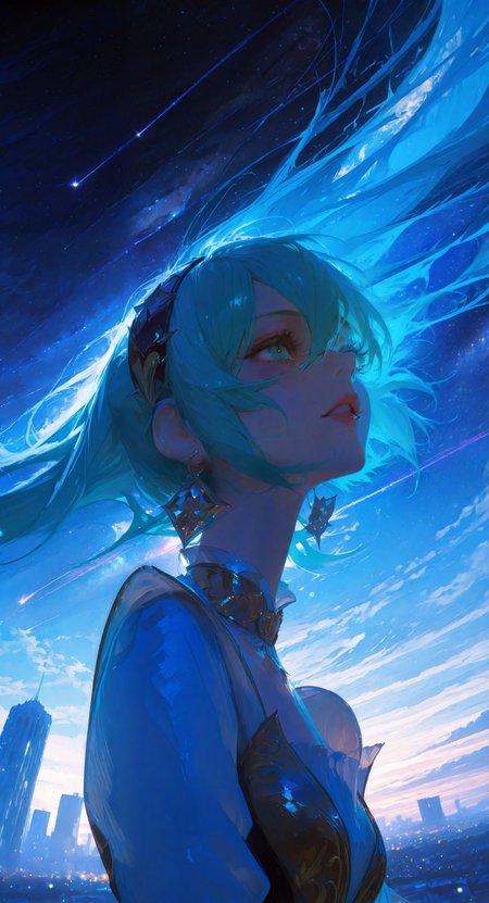 masterpiece, best quality, amazing quality, very aesthetic, absurdres, newest, scenery, by (yoneyama mai:0.5) and (rella:0.5) and (Ilya Kuvshinov:0.5),
1girl, hatsune miku, beautiful detailed face and eyes, parted lips, supermodel, a 1960s fashionable couture dress designed by Louis Féraud, Oscar de la Renta, Balenciaga, Peggie Moffitt, Federico Forque, Yves Saint-Laurent, Givenchy,
break
angled shoulders pose, Timeless Beauty, (three quarter view:0.2), (from below:0.4), (dutch angle:0), close-up, face focus, wind effect, floating long hair, Direct Eye Contact,
break
a urban skyline backdrop, dynamic lighting, Starry sky, planets, nebulae, Milky Way, shooting stars, cinematic background, intricate background, 
break
Professional fashion editorial illustration, concept art, elegance, aesthetic, mysterious, ethereal, digital artwork, illustrative, painterly, matte painting, highly detailed, ultra detailed, insanely detailed, vibrant, detailed beautiful color, fine texture, crisp detail, crisp edges, depth of field, bokeh, 
<lora:748cmSDXL:0.7>, <lora:GBF_Illustrious:0.4>, <lora:ponyv5_noobV065S_1_adamW:0.7>, <lora:USNR STYLE_XL_loha:0.5>, <lora:20th_Century_fashions_-_1960s_high_fashion_style:0.8>, <lora:Hair_floating_up:0.7>, 
 <lora:illustrious_all_rated_v1:0.8>,