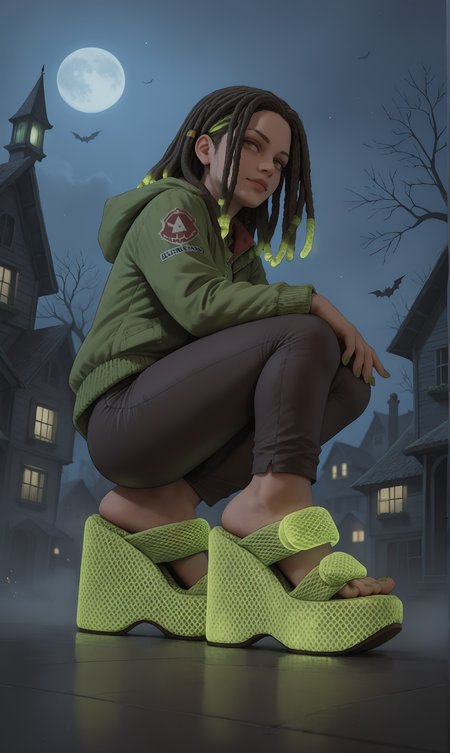 score_9, score_8_up, score_7_up, score_6_up, realistic,
wide angle, standing, low angle, foot focus, from side,
squatting,
(glowing neon footwear:1.1),
(glowing neon hair:1.15),
1girl, leather pants, green short jacket, black and green hair, dreadlocks, 
ï»¿(ï»¿m3sh heels), platform footwear,
halloween scene, fog, haunted house, night,
green toenail polish,
embedding:zPDXLrl ,
embedding:zPDXL2 ,