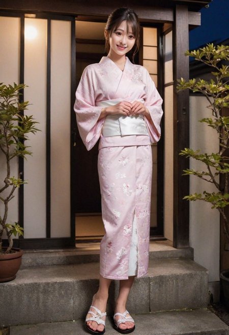 (Night photo:1.2) ,(dark background:1.5),upper body focused shot:1.3,kimono spread :1.20, (on steps by house:1.21),(white laced small panty:1.3),(beautiful real texture :1.3),smile face:1,(royal),nsfw:1.7,10k,(real skin texture:1.3),high resolution,(one 32 years old elegant Japanese slender woman wearing in long kimono:0.994),(163cm tall:1),(small breasts out:1.6) ,(sandals:1.2),(fine wrinkle  :1.),(detailed innocent girls face:1.),(symmetrical eyes:1.1),(black small eyes:1),(small single chignon:1),( at front of Japanese modern house:1.1)