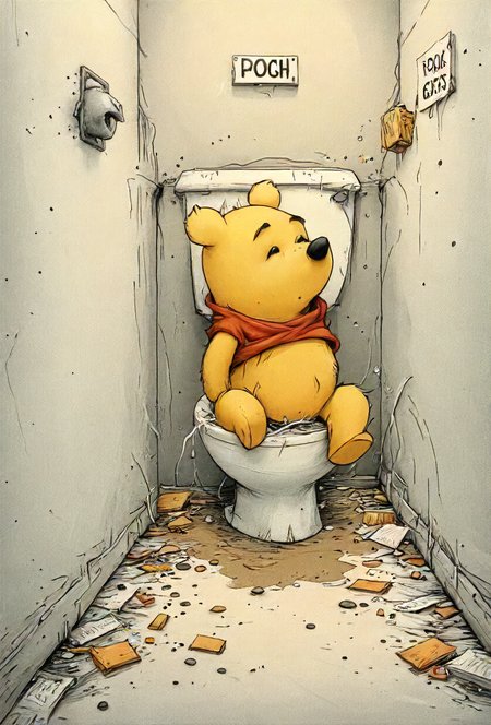 book cover title "Pooh Gets Stuck", toilet, detailed, 8k, <lora:cinexart:0.5>, <lora:wizards_vintage_romance:0.6>, <lora:Harrlogos_v1.1:0.8>, <lora:- SDXL - vanta-black_contrast_V3.0:0.4> <lora:Wizards_MACHINALIA__Things_Come_Alive_:0.2>  <lora:lora:0.8>  <lora:Street_Art:0.8> <lora:artfullyQUILLED_SDXL_V1:0.8>  <lora:SDXL_feelings_Sa_May:0.8> Feelings