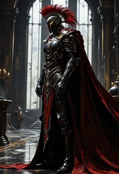 Create an image of a majestic warrior, inspired by Achilles the central character in Homer's Iliad, wearing a futuristic, metallic armor with a complex, segmented design. The armor should have multiple plates and reinforcements, combining both ancient and modern aesthetics. The helmet should have a striking red crest reminiscent of ancient Greek soldiers, yet designed in a sleek, modern style. The shoulders and arms of the armor should feature additional plating with gold accents. The warrior should wear a long, flowing red cape, adding a touch of royalty. Set the scene in a dark, grand hall with high, arched windows in the background, combining elements of ancient grandeur with a futuristic atmosphere. The overall appearance should exude strength, nobility, and a harmonious blend of the old and the new.