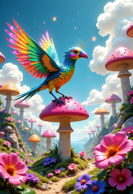 A fantastical bird with vibrant, kaleidoscopic feathers flits through a surreal landscape where reality bends in playful ways. This quirky creature has an oversized beak painted in brilliant shades of blue and green, and its eyes are large and expressive, sparkling with mischief. Each feather shimmers with a different hue, creating a mesmerizing display as it soars through the air, leaving a trail of glittering sparkles behind it. The bird lands atop a giant mushroom, which is bright pink and dotted with purple spots, in a landscape filled with oversized, whimsical plants and trees that twist and curl in impossible shapes. Floating islands hover in the sky, where cotton candy clouds drift lazily by, and the sun shines in vibrant, unnatural colors. This delightful bird sings a silly, cheerful tune that causes flowers to sway and giggle, adding to the enchanting atmosphere of this wonderfully bizarre world.
