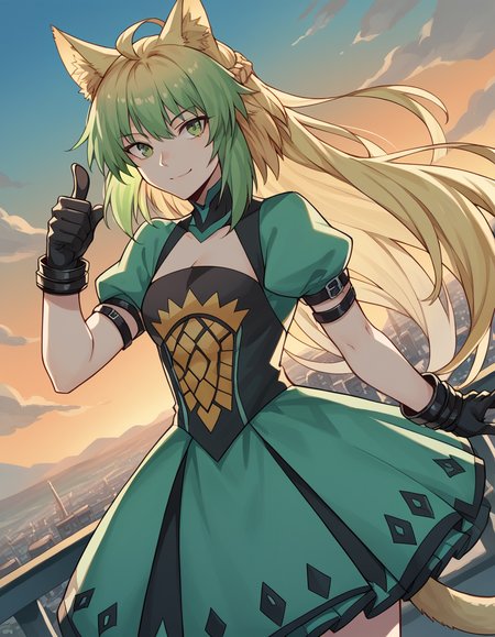 score_9, score_8_up, score_7_up, source_anime, <lora:fgo-atalanta-ponyxl-lora-nochekaiser:1>, atalanta, animal ears, blonde hair, cat ears, cat girl, cat tail, green eyes, green hair, hair between eyes, long hair, multicolored hair, tail,, black gloves, gloves, skirt, dress, green dress, short sleeves, puffy sleeves, juliet sleeves, short skirt, green skirt,, rooftop, sunset, cityscape, quiet moment, wind blowing, contemplative, smile, looking at viewer, hand showing a thumbs down, solo,, cowboy shot, dutch angle