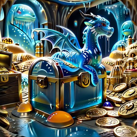 1dragon, highly detailed blue dragon, blue dragon made out of slime, scaly blue slime dragon, slime dragon with red eyes, blue slime dragon laying in its hoard, blue slime dragon with wings, dragon wings, 
multi-colored gems made out of slime, in a room of treasure made out of slime,  gold coins and bars made out of slime, wood-like treasure chest made out of slime, wood-colored slime chest, individual coins made out of slime, gold slime coins, piles of coins, 
treasure-room, treasure, treasure chest, gemstone, coins, gold bars, gold pile, 
everything made of slime, No simple background,
((translucent slime)), ((transparent slime)), (bioluminescent slime), sl1m3, slime, ais-blmn, watce, je11y, thickwater, great lighting, ral-lava, even lighting, no bright spots, saturated colors,