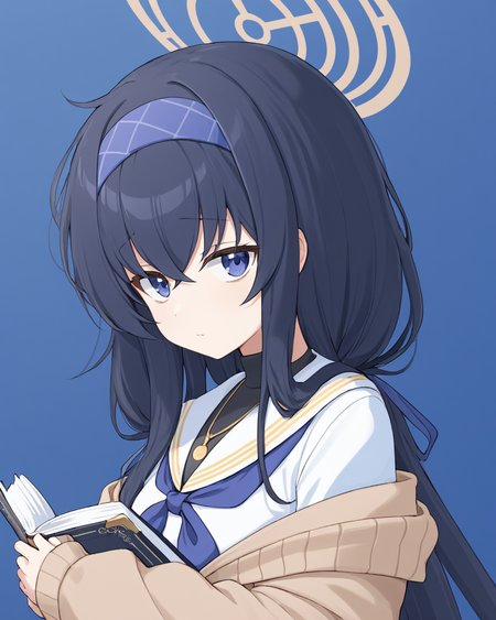 ui \(blue archive\),white_sailor_collar, halo, holding_book, solo_focus, closed_mouth, upper_body, 2girls, simple_background, blue_hairband, long_sleeves, serafuku, two-tone_background, looking_at_viewer, blue_neckerchief, necklace, white_shirt, off_shoulder, brown_cardigan
<lora:ui_(blue_archive)_image2537_2023-11-28:1>halo. gorgeous,key visual, vibrant, studio anime,award-winning, professional, highly detailed,high budget, cinemascope
