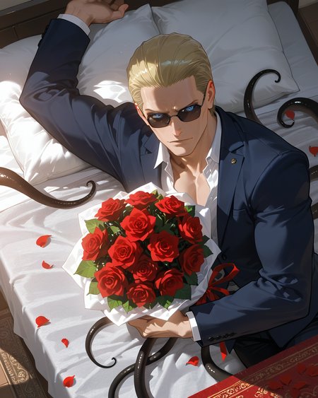 PonyScores7, source_anime, ah1
BREAK <lora:albertwesker-guy-PONYv1:0.8> albertwesker, albert wesker, 1boy, blonde, (sunglasses:1.3), looking at viewer, toned, athletic, fit, slicked back hair, mature male, short hair, (lying bed), (<lora:Indian_First_Night_Bed:0.8> bed, pillow, flower, heart, petals, rose, red flower, carpet, bouquet, red rose, rose petals, ornaments,), ((Rejoicing expression)), (focused, intense glare), blue eyes, (angular face, sharp_featured face), handsome, charming, alluring,  <lora:MC_superhuman:0.2> ((black tentacles, black tendrils))
BREAK <lora:xl_more_art-full_v1:0.2>, <lora:shinyskin2:0.2> glistening skin, <lora:aesthetic_anime_v1s:0.2>, <lora:Expressive_H:0.2> Expressiveh, <lora:hairdetailpxl:0.2> hairdetailpxl, <lora:EpicF4nta5yXL:0.2>, <lora:detailxl:0.2> detailxl, <lora:Fant5yP0ny:0.2>, best quality, amazing quality, best aesthetic, absurdres, <lora:expressive eyes:0.2> expressive eyes, <lora:eyedetailpxl:0.2> eyedetailpxl, illustration, Volumetric_Lighting, ultra-detailed, very aesthetic, intricate details, 8k, masterpiece, best_quality
BREAK (Aerial View shot)
BREAK <lora:Eyes_High_Definition:0.3> EyesHD, Stable_Yogis_PDXL_Positives, AS-Adult, <lora:Complicated fantasy portrait - XL Pony V2.0:0.4>, bad-hands-5, AS-MidAged,