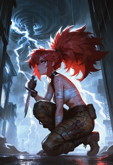 masterpiece, best quality, good quality, very aesthetic, absurdres, newest,From Side,Vanishing Point, Cyber Warfare,
1girl, red hair, full body, gloves, lightning, female focus, on one knee, pants, rain, scar, scar on arm, scar on back, scar on cheek, scar on face, Woman with bandage wrapped around her chest, Bandage around breast,tornado,Camouflage pants,Holding a Military dagger,Short Ponytail Braid,big hair, shadowy lighting, cinematic atmosphere, Cinematic Lighting, <lora:ponyv4_noob1_2_adamW-000017:0.7> <lora:USNR_STYLE_XL_lokr:0.8>