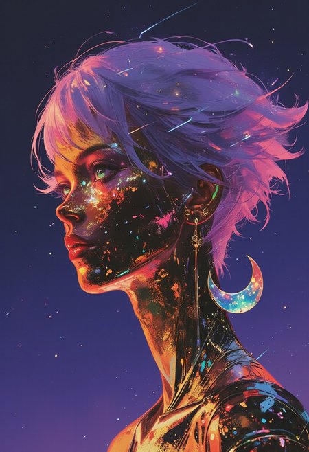 Chromecore, against a deep violet background, a close-up side profile of an adult woman with liquid gold skin shimmers with a polished metallic finish. Her glowing emerald green eyes emit an ethereal light, while bioluminescent electric blue tears stream down her cheeks, intensifying the surreal atmosphere. The chrome-like surface reflects neon magenta and cyan highlights, creating a dynamic interplay of light and shadow.  
Intricate geometric engravings subtly glow across her metallic skin, emphasizing her fusion of cybernetic and organic elements. A crescent moon earring dangles from her left ear, blending mysticism with futuristic aesthetics. Her short, asymmetrical hair, infused with iridescent purple strands, shifts hues as light refracts off its metallic sheen.  
A translucent obsidian faceplate conceals her mouth, adding an air of mystery, while gold circuit-like veins pulse faintly beneath her skin, suggesting an advanced fusion of humanity and machine. The rich violet background, infused with soft glowing embers of magenta and teal, heightens the dreamlike, cybernetic aura of the composition.