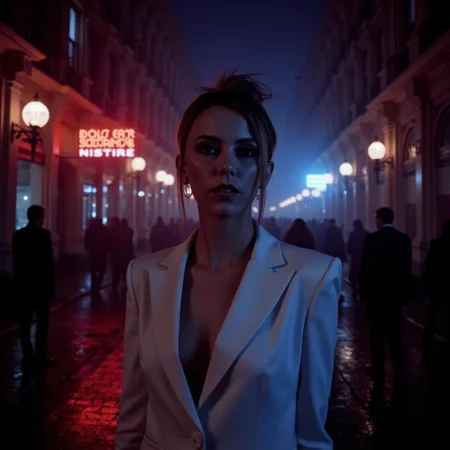 futuristic style neon noir surrealist art analog photography, analog photo, a stunning woman in a  gothic mansion, she's wearing a white women's suit, white blouse . A candid, close up shot <lora:Riley_Voelkel:1> rileyv . dreamlike, mysterious, provocative, symbolic, intricate, detailed . cyberpunk, dark, rainy streets, neon signs, high contrast, low light, vibrant, highly detailed . sleek, modern, ultramodern, high tech, detailed
