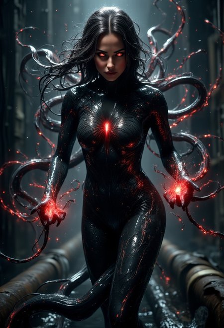 An ultrarealistic full body photo of woman in fighting venom symbiote, black venom tentacles, raindrops, powerful venom symbiote, standing in deep dark black liquid, female character in a dynamic, action-oriented pose. The character has long, wavy black hair that appears wet, and she is wearing a tight, glossy black suit that covers her entire body. Her skin is light, and she has striking red eyes. The suit has a liquid-like texture, with tendrils extending from her back, adding a sense of movement and intensity to the scene. The background is dark and rainy, with blurred lights suggesting an urban setting. The overall style is highly detailed and realistic, with a focus on dramatic lighting and texture,  long hair, , diadem, evil smile, evil glowing eyes, venom symbiote, 8k
she exudes an aura of untamed strength and seductive allure, embodying the very essence of the storm, mysterious and enchanting expression, dreamlike and mystical atmosphere, highly detailed and intricate, (masterpiece: 2), best quality, ultra highres, original, extremely detailed, perfect lighting, perfect hands, perfect body.
<lora:Aura_Flux:0.85>,
<lora:FluxMythP0rtr4itStyle:0.75> mythp0rt,
<lora:bokeh_flux_ntc:0.4>,
<lora:detailed_flux_ntc:0.6>,
<lora:Dever_Flux_Enhancer:0.6> ,
<lora:detailer_flux_v1:0.6> detailerlora,mythp0rt, detailerlora