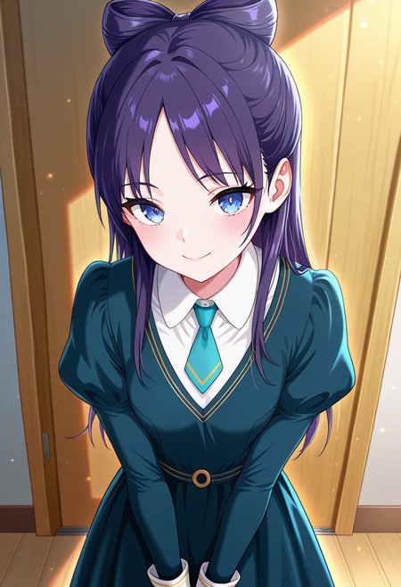 (absurdres, best quality, masterpiece:1.4), amazing quality, highres, newest, detailed, detailed body, detailed face, beautiful, petite, 
BREAK
WWNemu, 1girl, solo, standing, smile, NemuMang, manga illustration, dark purple hair, bow-shaped hair, parted bangs, half updo, blue eyes,  v-neck dress, white inner collared shirt, Short necktie, juliet sleeves, long skirt