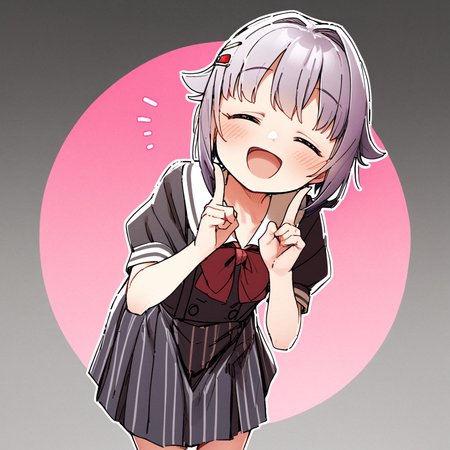 masterpiece, best quality, <lora:style21-a31-000017:1>,koshimizu sachiko, 1girl, solo, shirt, skirt, closed eyes, white shirt, smile, suspender skirt, suspenders, blush, short sleeves, striped, black skirt, bow, bangs, hair ornament, :d, vertical stripes, hairclip, open mouth, red bow, hair flaps, ^_^, striped skirt, facing viewer, vertical-striped skirt, puffy sleeves, puffy short sleeves, leaning forward, hands up, purple hair, collared shirt, pleated skirt, white sailor collar, index finger raised, hair intakes, sailor collar, grey hair, floral background, pink background, two-tone background, gradient background, school uniform, gradient, pinstripe pattern, short hair, white background, notice lines