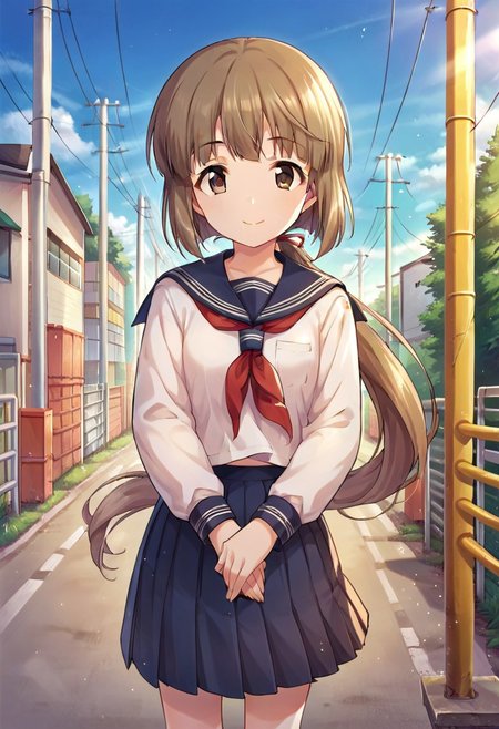 score_9, score_8_up, score_7_up, source_anime,yorita yoshino, brown hair, brown eyes, long hair, 1girl, school uniform, solo, serafuku, smile, skirt, ponytail, power lines, looking at viewer, outdoors, ribbon