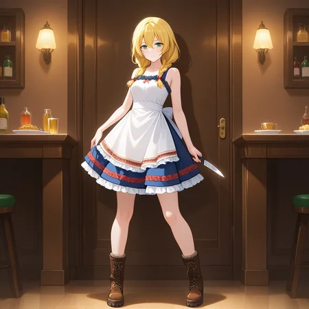 restaurant,mood lighting,standing, legs apart, masterpiece, best quality, amazing quality, newest,1girl,<lora:witch_viola:1>,Witch_viola,blonde hair,braid,green eyes,twin blaid,long hair,hair between eyes,viola_outfit,dress,sleeveless,bare shoulders,boots,brown footwear,sleeveless dress,white dress,apron,cross-laced footwear,frills,knife