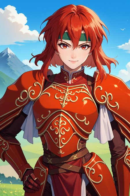 score_9, score_8_up, score_7_up, score_6_up, source_anime, 1girl, solo,  <lora:feminerva-pdxl-nvwls-v1-000005:1> feMva, red hair, short hair, red eyes, green headband, red armor, shoulder armor, gauntlets, gloves, brown pants, pelvic curtain, armored boots, looking at you, serious, smile, upper body, blue sky, mountains, hand on hip