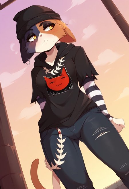 score_9, score_8_up, score_7_up, (by teranen), outdoor, sexy, sweat, dutch angle, looking aside, high quality, hires, solo, detailed background, easynegative, pose, pawpads, (horny), steam, 
me0wsklls, furry female, body fur, two-tone fur, cat ears, orang eyes, cat tail, crawls, black beanie, black hoodie, layered sleeves, long over short sleeves, striped sleeves, pants, jeans, torn pants