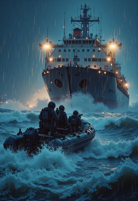 <lora:ck-ghost-reaper:0.9>,
a scene under the cover of night, a tactical team races through rough seas toward a massive cargo freighter, its towering structure glowing with industrial floodlights. The Zodiac boat cuts through the frothy waves as rain pours, drenching the operators. The soldiers are positioned strategically, their body language indicating focus and readiness, weapons aimed at unseen targets. The ship's metal hull glistens ominously, with water pouring off its sides in thunderous sheets. The mood is cinematic, blending the raw power of the ocean with the cold precision of a military mission.