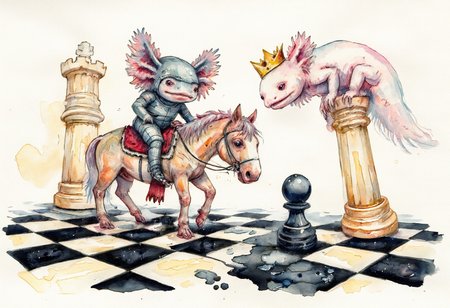 Watercolor painting of, axolotls at a giant chessboard, acting as the chess pieces. One axolotl, dressed as a knight, stands on a horse-shaped piece made of wood, while another, wearing a tiny crown, stands proudly on a king piece. A third axolotl is pushing a pawn piece forward, struggling with the weight. The chessboard is massive, with towering pieces and a checkered floor that stretches out beneath them, giving a sense of grandeur and strategy., the axolotls have pink frilly gills and round black eyes