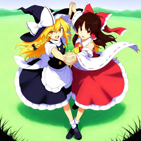 masterpiece, best quality, absurdres, 2girls, hakurei reimu, kirisame marisa, SLLT, holding hands, interlocked fingers, arm up, looking at viewer, open mouth, outdoors, plain, grass, full body