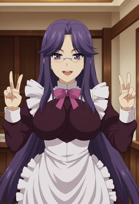 <lora:Frieda_Shelley-Dragonar_Academy:0.8>,1girl,solo,Frieda Shelley,purple hair,long hair,glasses,purple eyes,large breasts,bow,maid,apron,cowboy shot, double v, open mouth, smile,looking at viewer, indoors