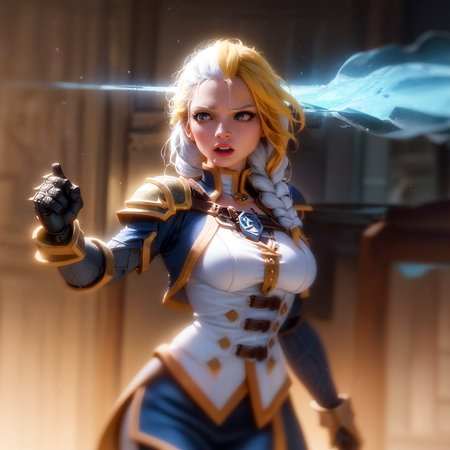 best quality, cowboy shot, 1girl, beautiful athletic adult sxz-jaina-v2-9900 running through magic city, dynamic pose, white hair, single braid, big breasts, armored pauldrons, white corset, (glowing blue eyes), particles, frost on the lens, masterpiece, film grain, (lens distortion:0.7), (chromatic aberration:0.7), intricate, volumetric lighting, realistic, realistic lighting, cinematic, 8k, cinematic lighting, masterpiece, perfect, hyper-detailed, photorealistic, intricate details, stop motion, tonemapping, sharp focus, hyper detailed, trending on Artstation