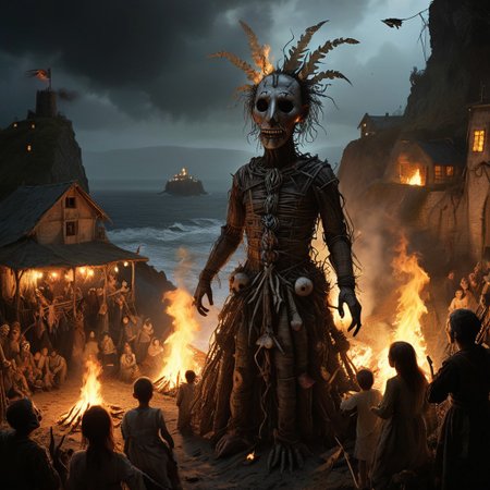 DonMn1ghtm4reXL, stephen gammell (artist), chiaroscuro, low-key,  great lighting, corcoc3s, c3s,(Folk rural horror:1.5), (isolated island community:1.3), (massive wicker man structure:1.5), (twilight scene on coastal cliff:1.2), (jubilant villagers dancing:1.4), (pagan ritual atmosphere:1.3), (protagonist peeking out from wicker man's gaps:1.4), (flickering torches illuminating scene:1.2), (ominous bonfire preparations:1.3), (traditional folk costumes with unsettling masks:1.4), (contrast between festive mood and impending doom:1.5), (Celtic-inspired designs on wicker man:1.2), (stormy sea in background:1.1), oil painting technique, hyper-detailed, 8k resolution,  unsettling warm light from flames, (sense of inescapable fate:1.3), (blurred line between celebration and cruelty:1.4), photorealistic textures, (oppressive inevitability:1.3), (implicit threat in joyful faces:1.4), (foreboding atmosphere despite festivities:1.5), (implied danger rather than explicit content:1.4)
