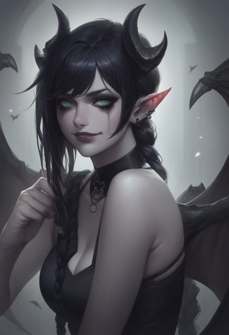 score_9, score_8_up, score_7_up, BREAK, 1woman portrait, beautiful, dramatic lights ((Succubus, Demon Girl, Succub, horns, seductive, seductive look, goth, goth girl, goth makeup, green eyes, wings, bat wings grey skin, grey colored skin, black hair, long braided ponytail, bangs, side bangs, happy, smug))