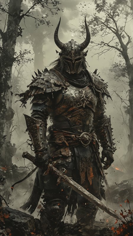 A dark fantasy style depiction of a German warrior. The warrior is clad in ornate, dark armor adorned with intricate designs and spikes. His helmet features menacing horns and his eyes glow with an eerie light. He wields a large, ancient sword with runic inscriptions. The background is a gloomy, mist-covered battlefield with the ruins of a castle and dark, twisted trees. The atmosphere is grim, with stormy skies and flashes of lightning. The overall mood is intense and foreboding.
. black and white but deep red. white background
<lora:add-detail-xl:2> <lora:MJ52:0.5> <lora:ink-style_A3.1_XL:0.66> (ink-style, ink_wash_painting)