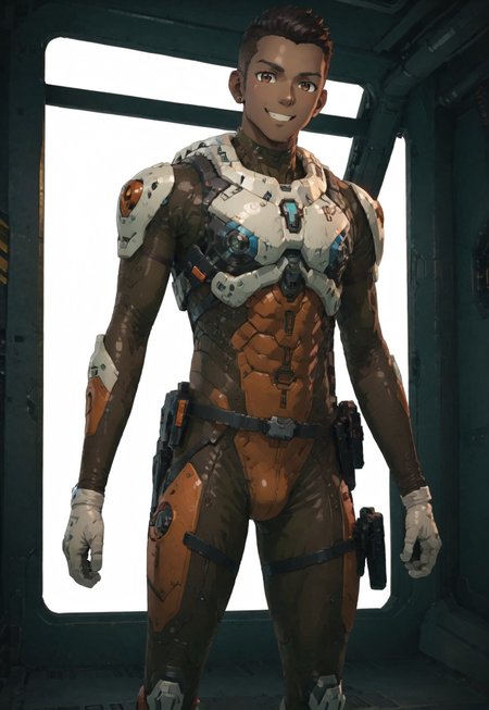 score_9, score_8_up, score_7_up, source_anime, cowboy shot, front view, BREAK, ( kneeland_lesean, brown eyes, black hair, brown skin, best eyes, looking at viewer, new pilot suit, smiling, ) 1boy, male focus, solo, BREAK, red starscape,