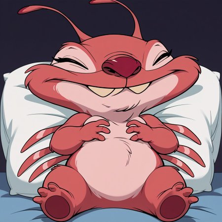 score_9, score_8_up, score_8, score_7, source_cartoon, Holio, solo, semi-anthro, alien, red and pink fur, red nose, antennae, back spikes, overbite, full body, laying on belly, laying on pillow, eyes closed, dark room,