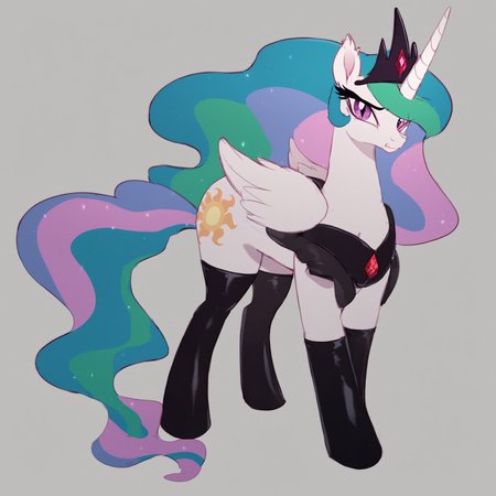 score_9, score_8_up, score_7_up, score_6_up, score_5_up, score_4_up, (evil:1.2) Princess Celestia wearing latex socks, (thick thighs:1.1), bat pony, evil black crown, red gemstone, looking at you, solo, beautiful, my little pony: the movie, (movie accurate:1), full body BREAK simple background, grey background