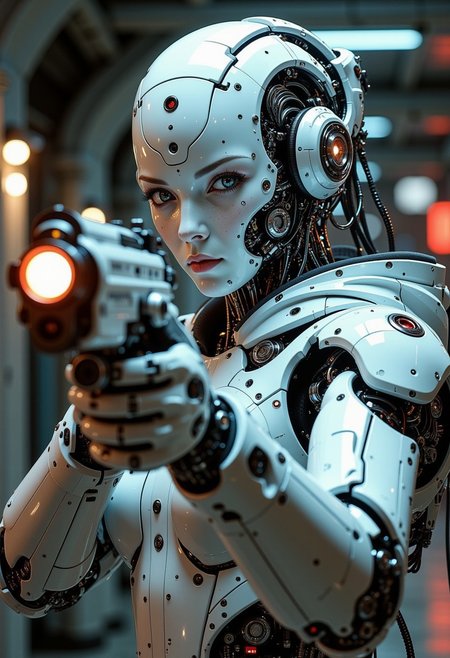 A digital artwork in the style of cknc,  in the style of ck-ncr, high-end cyborg female battle robot, white ceramic material, full transparent glass head with mechanical parts visible inside, looking at viewer, mechanical eyes, aiming blaster gun at viewer, dimly illuminated cyberpunk corridor, neo, bokeh