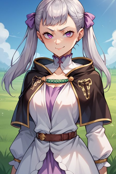 score_9, score_8_up, score_7_up, score_6_up, source_anime BREAK 1girl,  <lora:noellesilva-pdxl-nvwls-v1-000005:1> noelle silva, grey hair, purple eyes, twintails, hair ribbon, black capelet, green strap, white and purple dress, long sleeves, belt, looking at you, big breasts, smug, blue sky, field, upper body