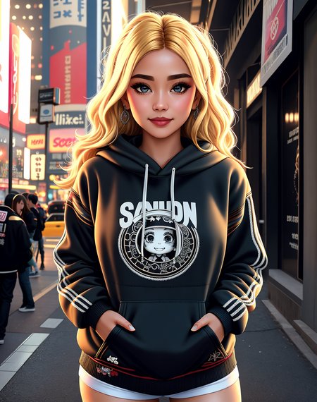 Masterpiece, absurdres,award winning photo, extremely detailed, amazing, fine detail, extremely detailed eyes and face, by lee jeffries nikon d850 film stock photograph 4 kodak portra 400 camera f1.6 lens rich colors hyper realistic lifelike texture dramatic lighting unrealengine trending on artstation cinestill 800 tungsten, beautiful blonde woman , slim, tiny waist, smiling, excited

<lora:HoodiesLoRA:0.675>,hoodie, a woman posing for a picture ,harajuku doll style, intricate gothic print and embroidery, wearing hoodie,