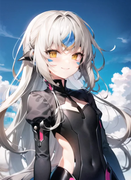 <lora:eve2-000008:1>, unknown1, upper body, smile, outdoors, simple background, sky, day,