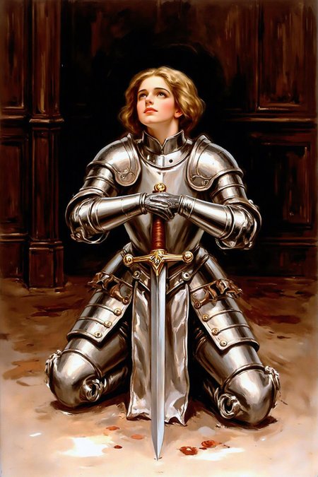 hafisher1 illustration. 
A young woman, facing directly at the viewer, is dressed in polished medieval armor, kneeling in a dimly lit, richly paneled room. she is holding a broadsword with both hands.
She gazes upward with a contemplative expression, her blonde, shoulder-length hair cascading down her back. 
 <lora:hafisher1_cap_d6a3e12:1.0><lora:829842949509676240:0>