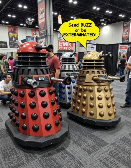 A trio of Dalek (Dr. Who), realistic, made of plastic, in a carpeted crowded exhibit hall at a convention center during a comic-con ((booths of comics, action figures, souviners) (people in cosplay of japanes anime and superhero characters)).  image234_234.cr2 candid snapshot. large Yellow speech bubble in the middle says "Send BUZZ or be EXTERMINATED!" <lora:aidmaNSFWunlockV2:.35> aidmaNSWFunlock