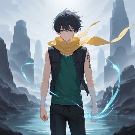 score_9, score_8_up, score_7_up, score_6_up, highly detailed, masterpiece, best quality,detailed,intricate details, amazing quality, best aesthetic, absurdres,source_anime, male focus, 1boy, black sleeveless open jacket, bandaged arm, green shirt, black hair, blue eyes, male focus, yellow scarf, tattoo, short hair, magic, wind, open area, windy plains