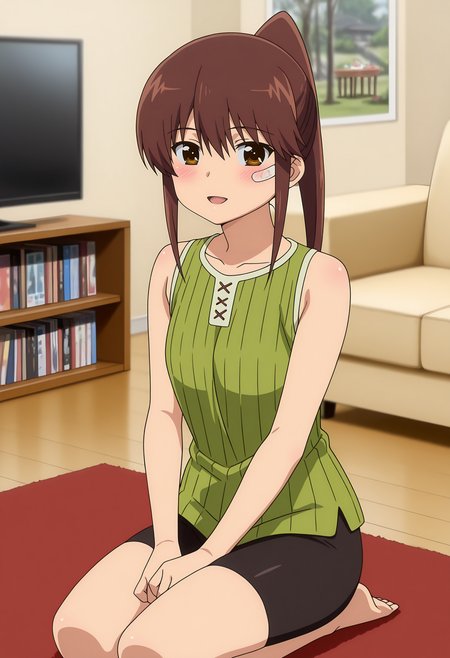 anime screencap, masterpiece, best quality,
<lora:KissXSis_SuminoeRiko_IlluXL:0.9>,
1girl, solo, open mouth, light smile, blush,
high ponytail, long hair, brown hair, brown eyes, bandaid on cheek,
bare shoulders, collarbone, sleeveless shirt, ribbed shirt, green shirt, bike shorts, black shorts,
seiza, on floor, carpet, couch, looking at viewer, cowboy shot,
living room, television, bookshelf, photo background, blurry background