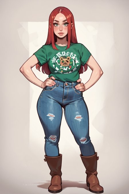 <lora:RealMix21:1>, score_9, score_8_up, score_7_up, score_6_up, score_5_up, rating_questionable, source cartoon
1girl, pretty face, pretty eyes, detailed eyes, HD eyes, thick thighs
hands on hips, standing, cowboy shot
looking at viewer, blush, eyebrows, long hair, red hair, green eyes jeans, green t-shirt, boots, high waisted jeans
simple background, white background
