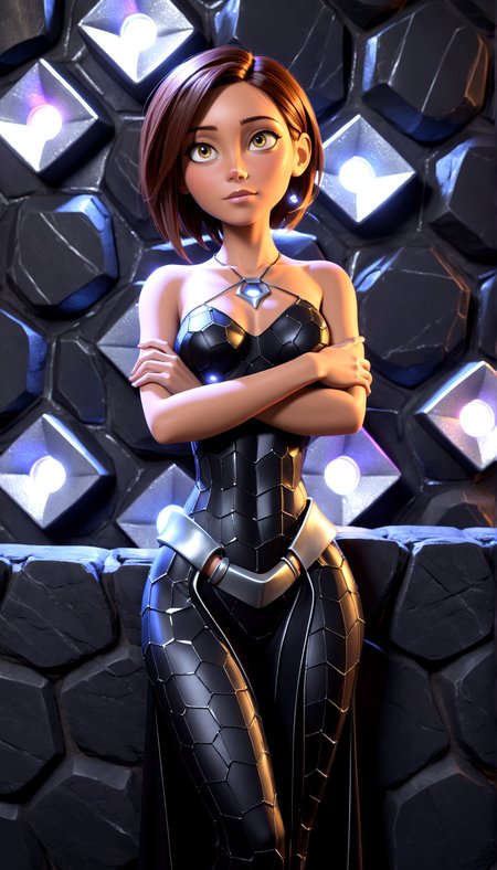 (3d pixar style:1.3), Mystical woman  in an outfit with metallic hexagonal textures, in front of a stone backdrop, glowing highlights.
Leaning back against the wall, arms folded across the chest.
Eyes narrowed, with a questioning look.



